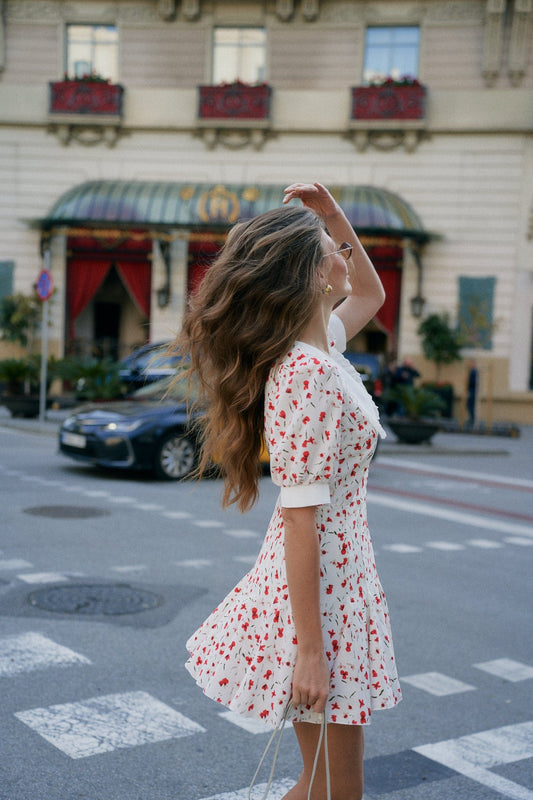 MOHD Women's Dress with collar White, Red Flower