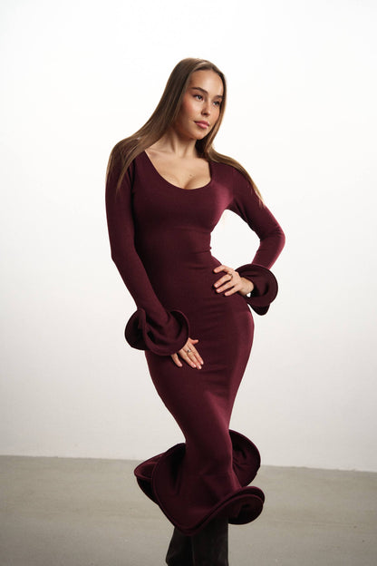 Midi ruffle dress Bordeaux