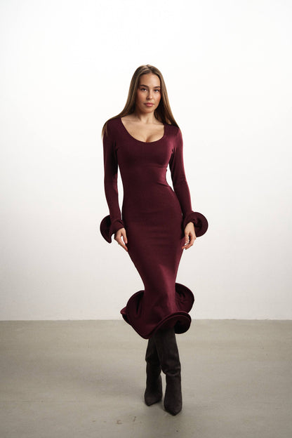 Midi ruffle dress Bordeaux